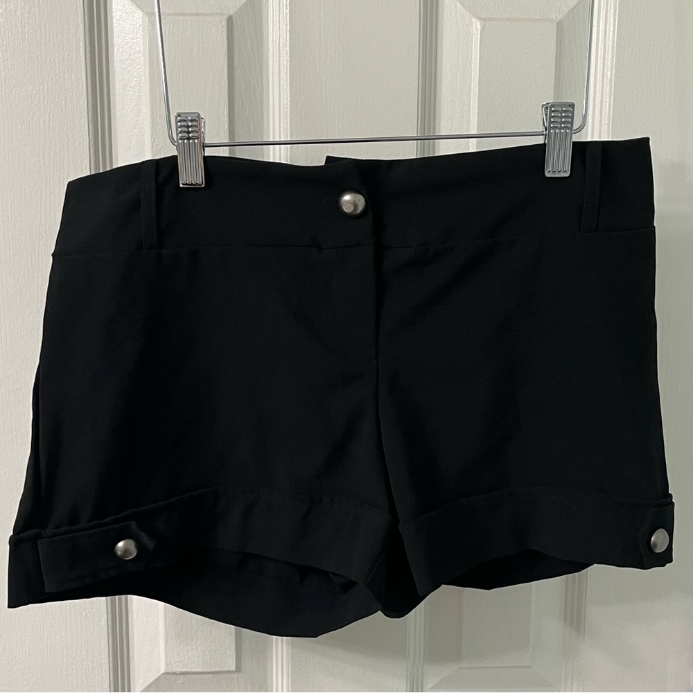 NWOT My Lola black 3” inseam dress shorts w/ gunmetal half round button accents.